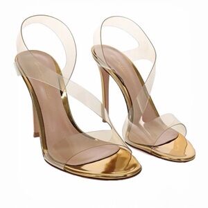 Gianvito Rossi Metropolis Clear PVC Strappy Metallic Gold Strap Sandals Size 8